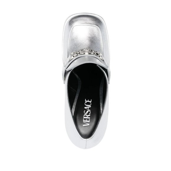 NEW VERSACE Size 38 IT, Women's Metallic Medusa Chain Platform Loafers - Silver - Picture 5 of 5